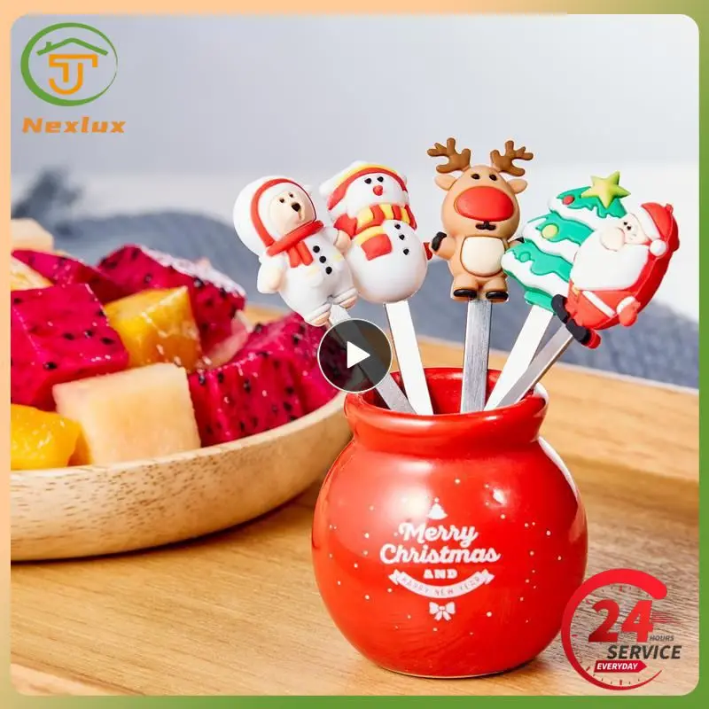 Christmas Creative Fruit Fork Stainless Steel With Handle Set Fork Cartoon Christmas Mini Tableware Household Kitchen Gadget