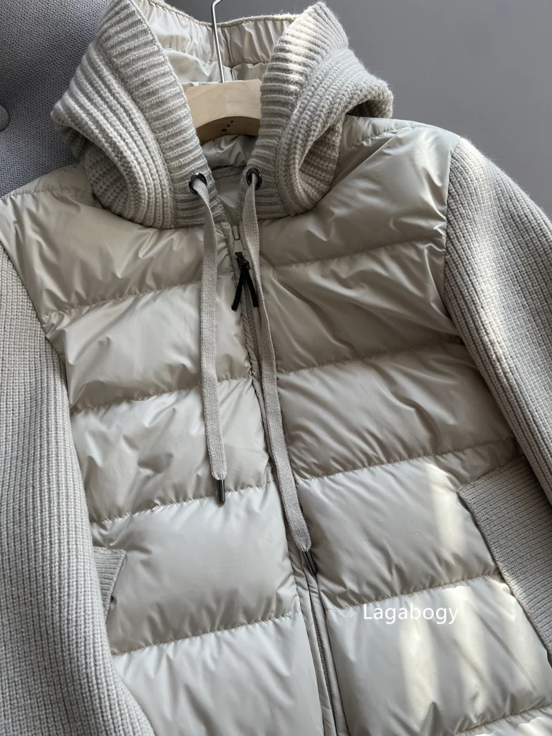 Lagabogy 2025 New Autumn Winter Knitted Patchwork White Duck Down Jacket Women Drawstring Hooded Warm Lightweight Puffer Coat