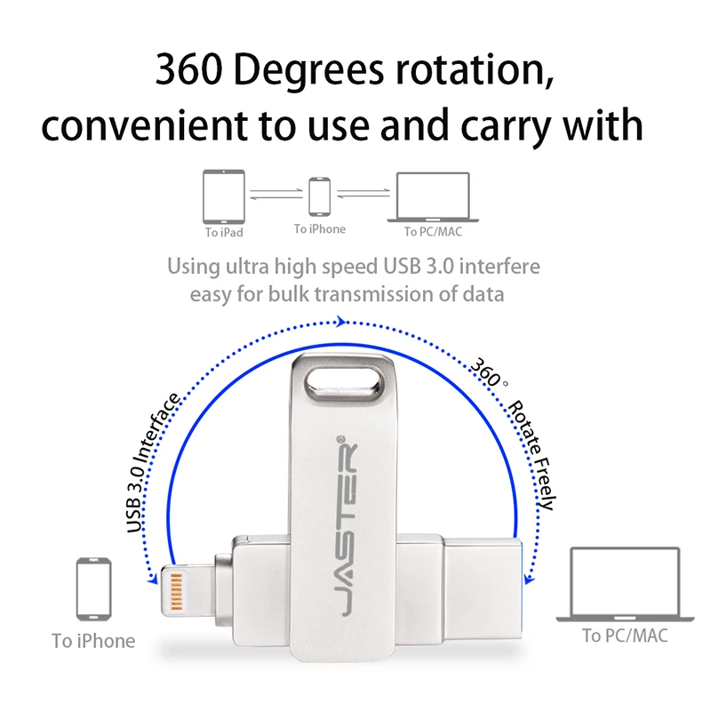USB 3.0 플래시 드라이브 256GB 라이트닝 펜 드라이브, 아이폰 13 실버 2 인 1 메모리 스틱 128GB 방수 펜드라이브 64GB 스토리지