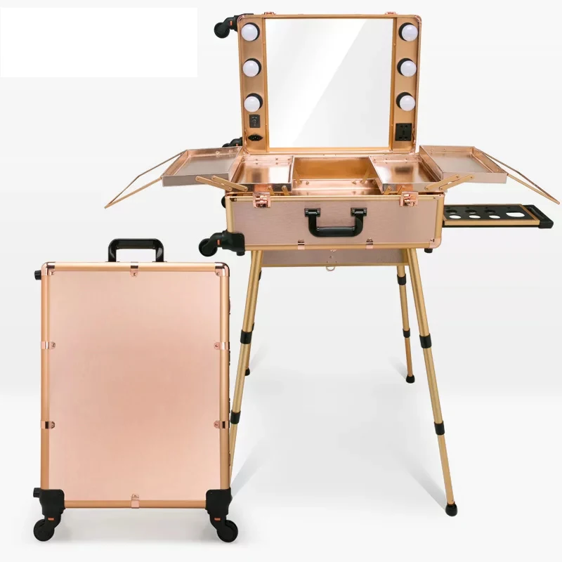 Professional Rolling Cosmetic Case Beauty Makeup Trolley suitcase LED Light Mirror Box Pink Luggage Aluminum frame Folding table travel luggage
