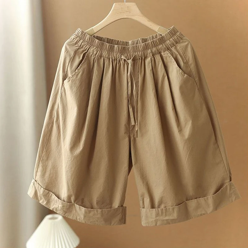 Women's Clothing Japanese Style Elastic High Waist Simple Beach Shorts Female Casual Streetwear Loose Wide Leg Knee Length Pants