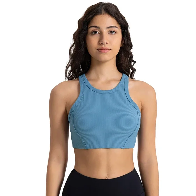 

Lulu Logo Ribbed High-Neck Racerback Yoga Bra Buttery-soft Sweat-wicking Light Support Sports Bras With Removable Cups