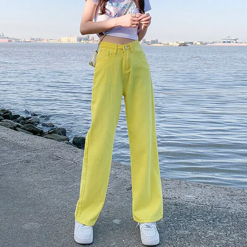 Cute Denim Pants Korean Y2K Jeans Woman Summer Casual Yellow Sweet Wide Leg Jeans Streetwear Pants Ladies Woman High Waist Pants