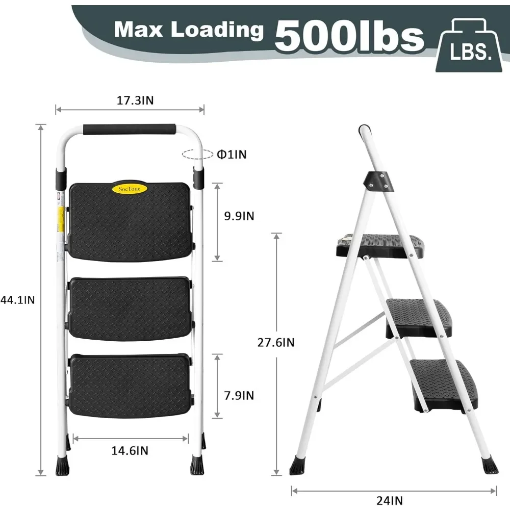 3 Step Ladder Folding Step Stool for Adults with Handle Lightweight 500lbs Capacity For Kitchen& Household