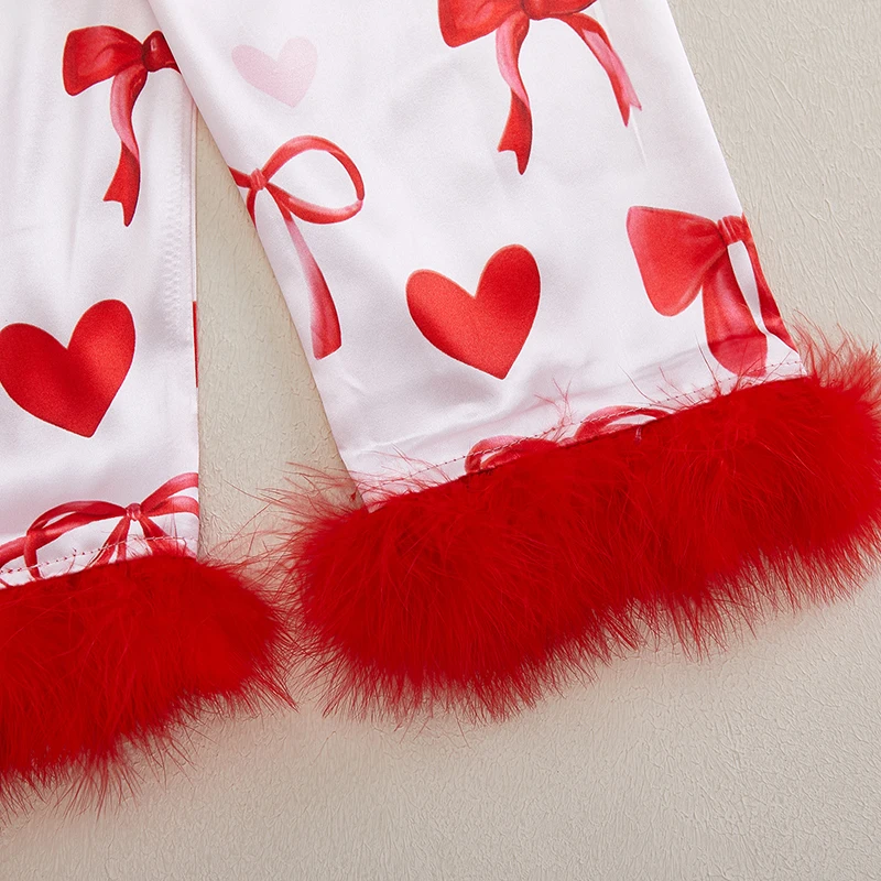 FOCUSNORM 2-farbig 1–15 Jahre kleine Kinder Mädchen Valentinstag Pyjama-Kleidungssets Herzschleife Aufdruck Revers Hals Button-up Tops Hose – Detail 6