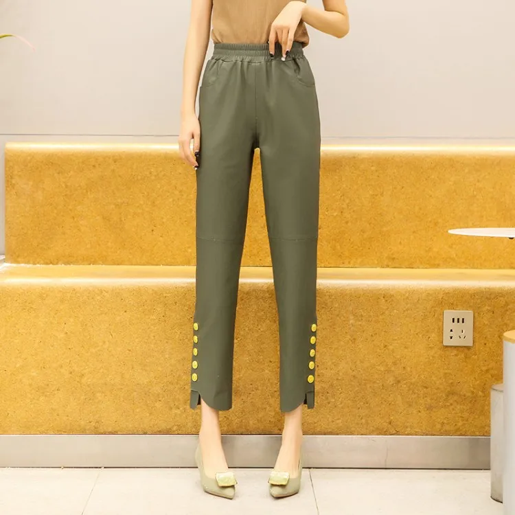 Fashion Women Golden Buttons Ankle Length Pants Elastic Waist Slim Fit  Pencil Pants High Quality Sheepskin Genuine Leather Pants