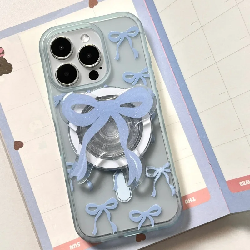【Trending in Fashion】 Cute Pink Blue Bowknot For Magsafe Magnetic Phone Holder Griptok Grip Tok Stand For Foldable Wireless Charging Case Ring.