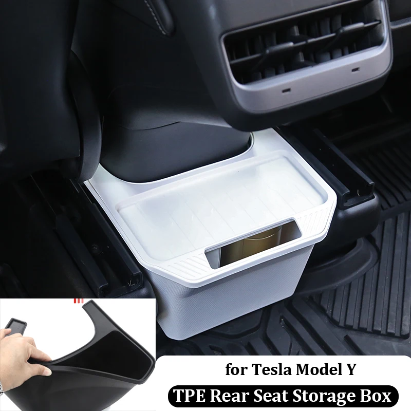 

ModelY 2023 Accessories For Tesla Model Y Rear Seat Storage Box TPE Organizer Box with Cover Phone Holder Trash Can Under Seat
