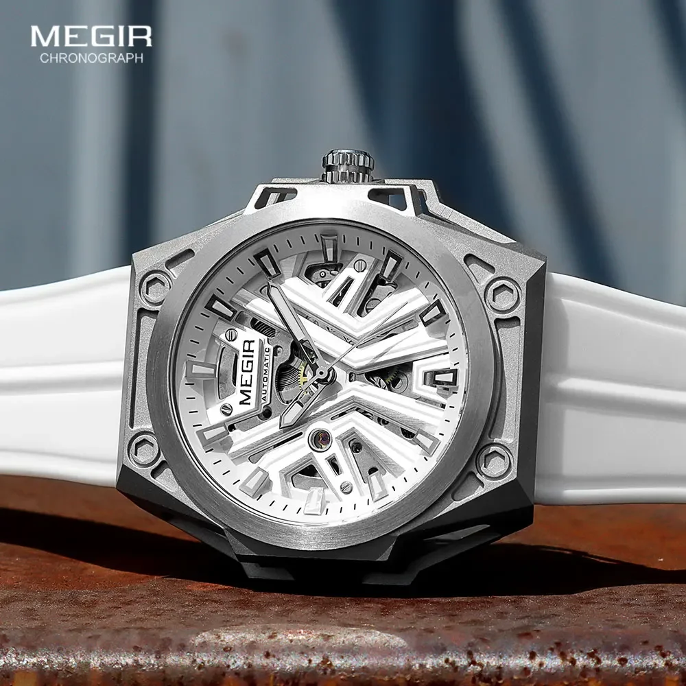 MEGIR Military Sports Automatical Watch Men White Silicone Strap