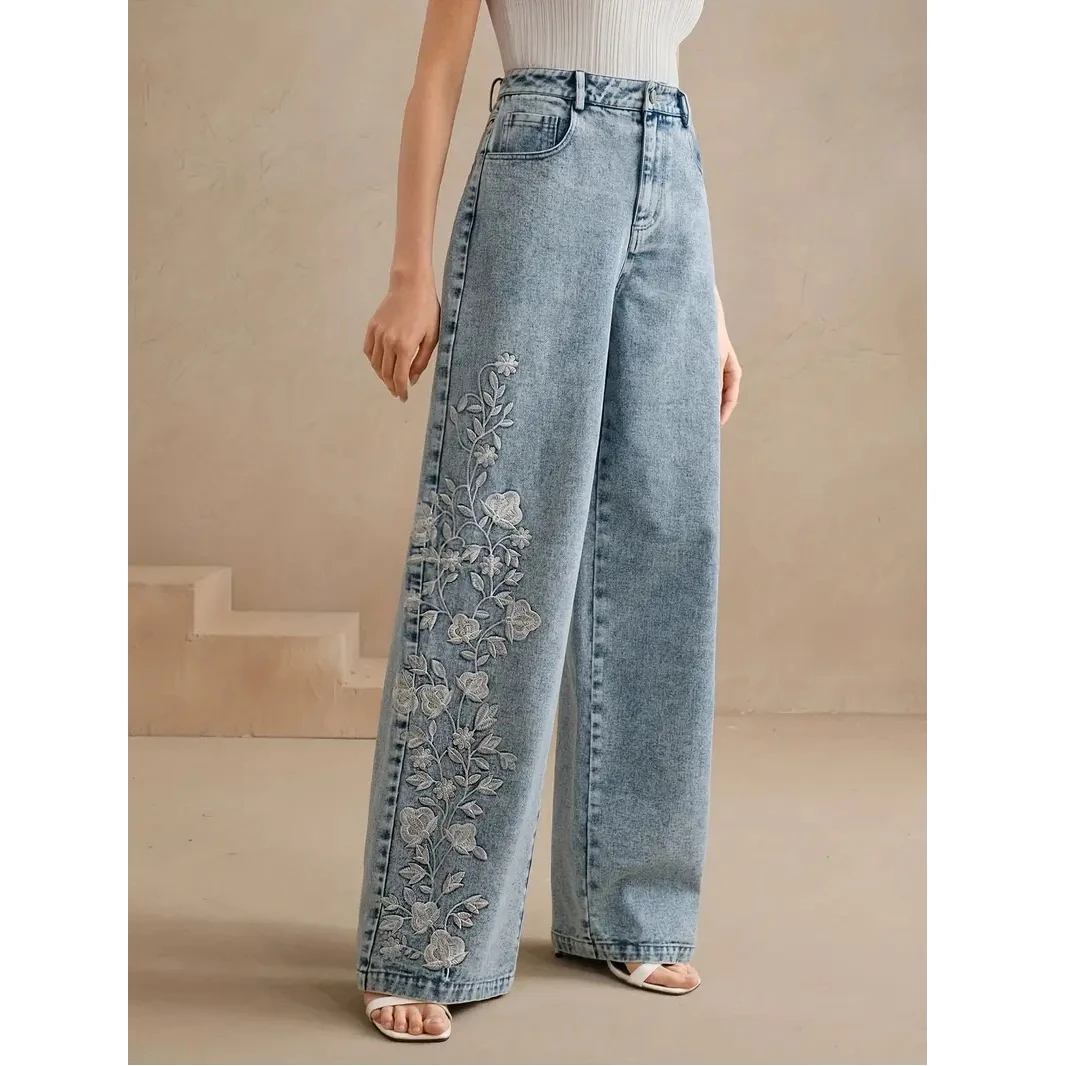Y2k – jean tendance pour femme, grande taille, confortable, extensible, Denim délavé, Design brodé, mode, jambe droite, nouvelle collection 2025