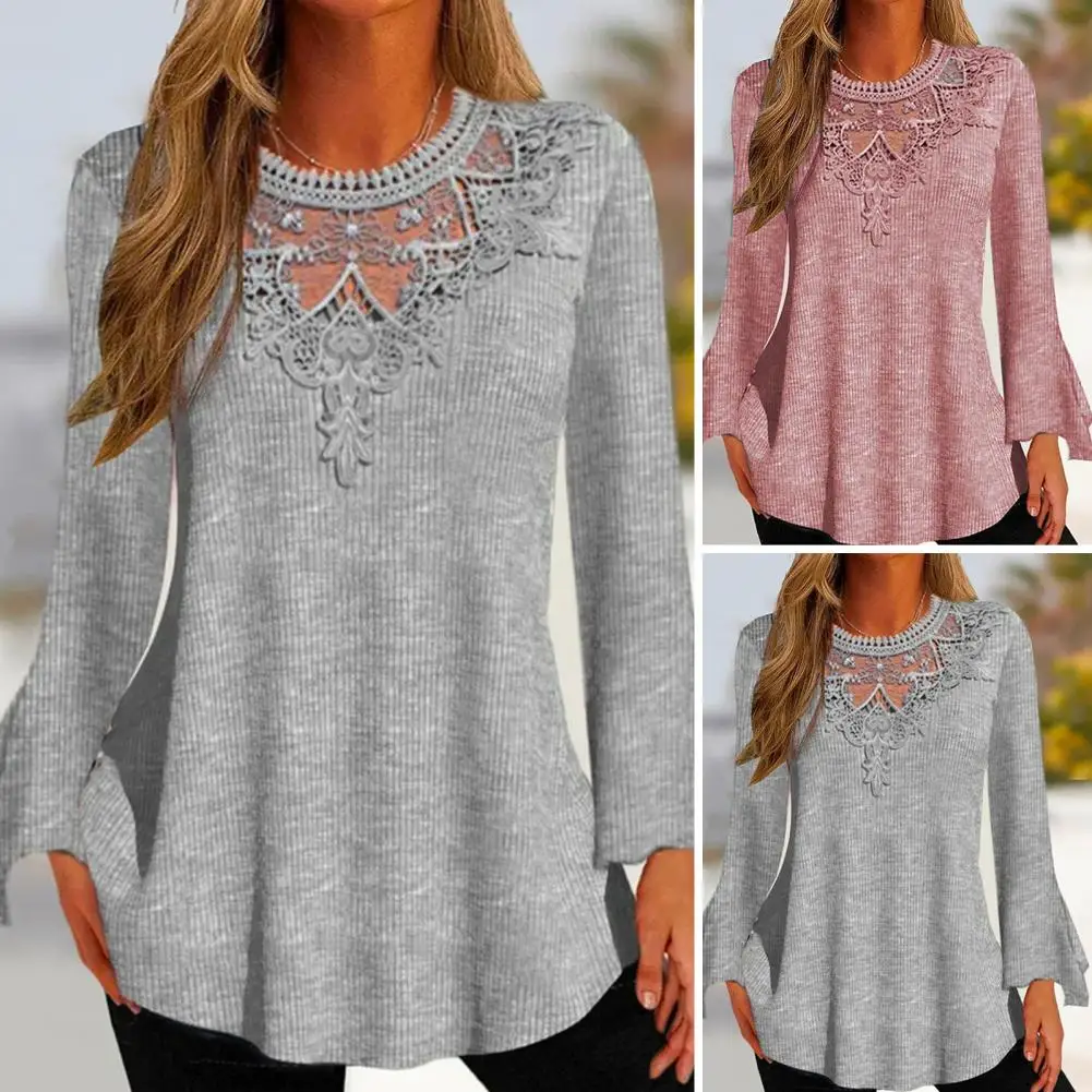 Fall Women Clothing Solid Color Long Sleeve Lace Stitching One Piece