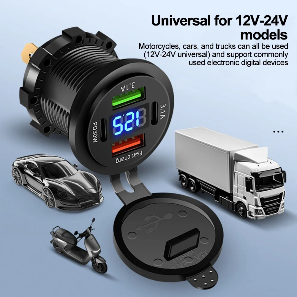83W 차량용 충전기 소켓 PD30W 빠른 충전 듀얼 USB + 유형 C 콘센트 전화 전원 어댑터 (오토바이 트럭 보트 용 전압계 포함)