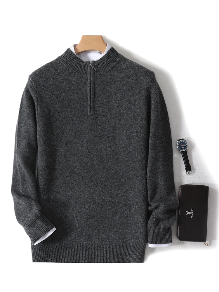2024 New Pure Wool Sweater Men Knit Large Size High-End Tops Half High Neck Thick Pullover Spring Autumn Winter Zip Warm Jumper