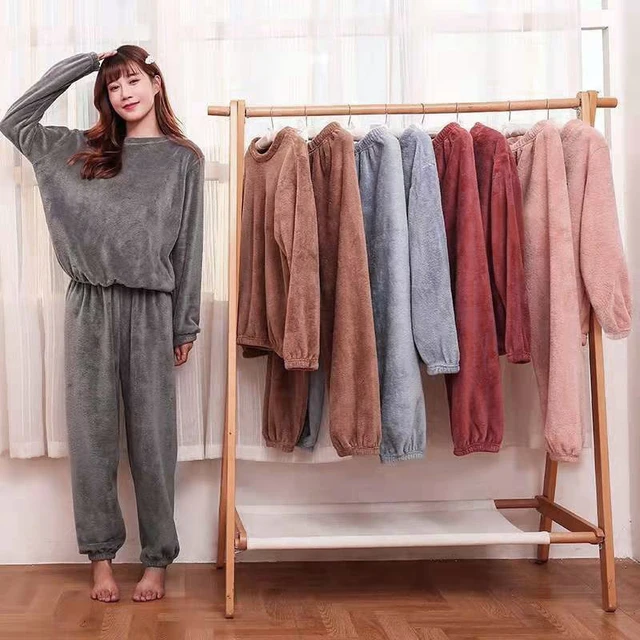 Lisingtool Pajamas for Women Set Women's 2 Piece Thickened Warm Flannel  Long Pyjama Set Autumn Winter Sleepwear Plaid Sleepwear Pajama Pants A