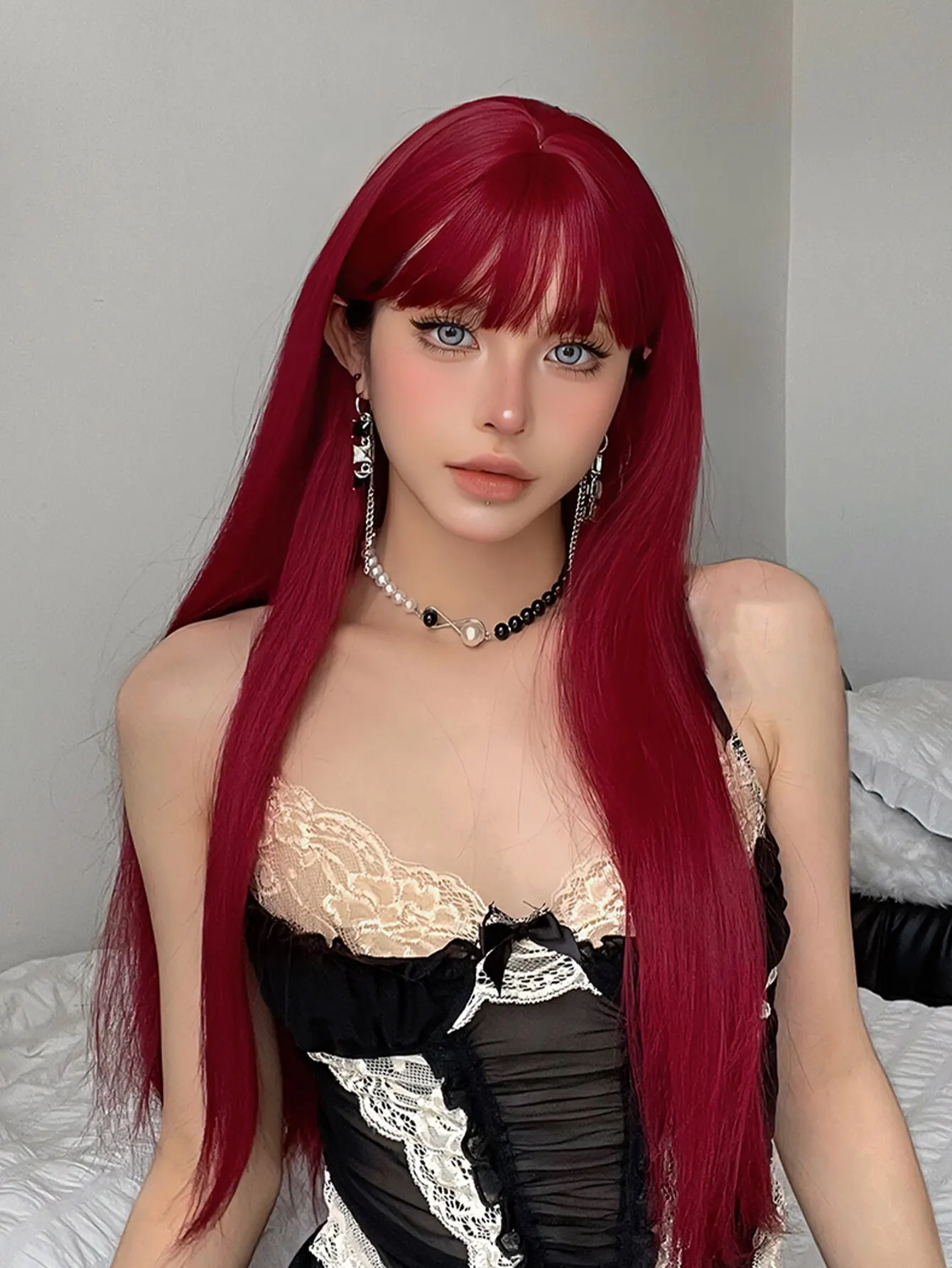 女性のための長いワインレッドストレートウィッグ、合成毛