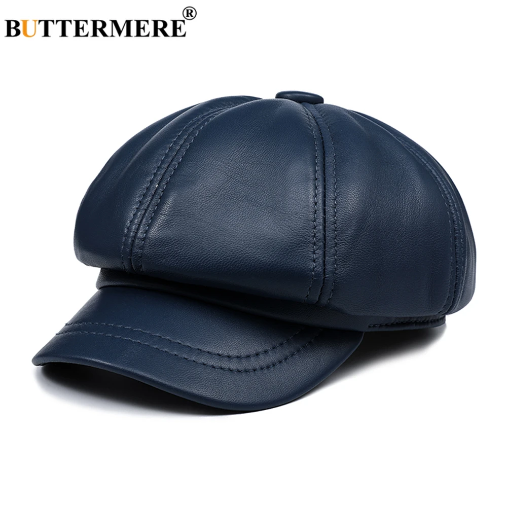 BUTTERMERE Genuine Leather Vintage Hat Women Newsboy Cap Pink Baker Boy Cap High Quality Brand Ladies Winter Octagonal