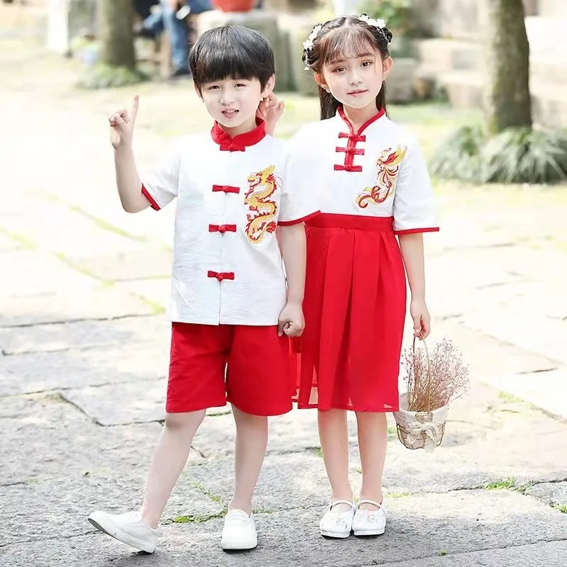 Children Summer New Embroidery Dragon Hanfu Girl And Boy Chinese Style Vintage Button Qipao Dress Performance Role Play Skirt