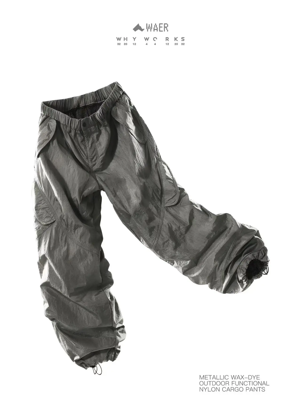 Whyworks 25aw Metallic wax-dye cargo pants 3d cut multipocket elastic waist techwear aesthetic -