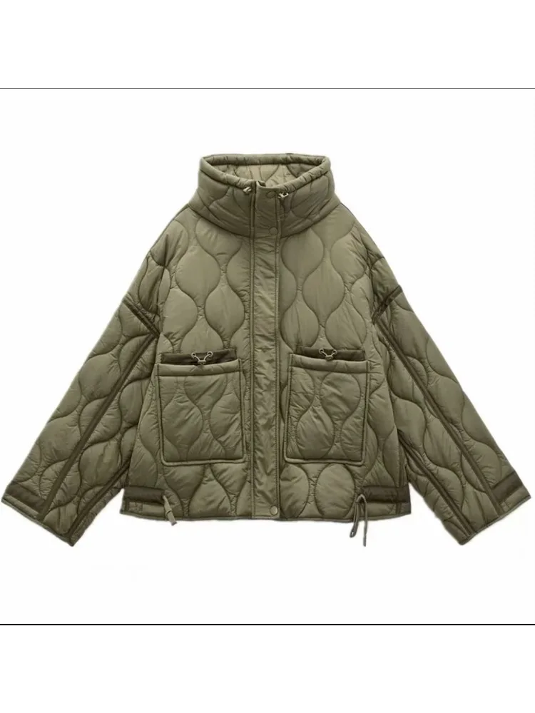 Vintage Quilted Jacket Cotton Coat Women Outerwear Y2k Autumn Winter Jacket Long Sleeve Pocket Streetwear Casual Loose Crop Tops