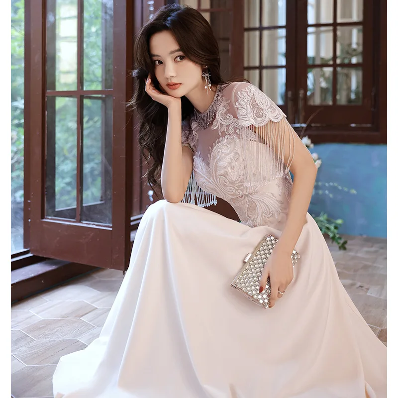 

White Satin Evening Dresses With Tassel Elegant O-Neck Floor-Length A-Line Women Formal Gowns Long Special Occasion Dresses