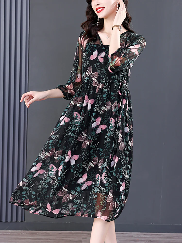 

Autumn Black Floral Silk Fashion Light Midi Dress Women Beach Style Elegant Casual Dress 2023 Korean Vintage Bodycon Party Dress