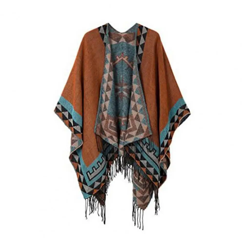 

Soft Textured Shawl Vintage Print Tassel Irregular Hem Women's Cape Poncho Geometric Contrast Color Imitation Cashmere Fall