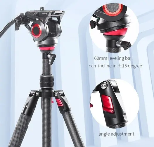 Camera Tripod Carbon Fiber Lightweight Compact with Fluid Drag Head 60mm Leveling Ball