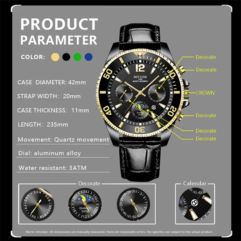 NOTIONR Luxury Men's Fashion Gold Watches for Men Sports  Leather Quartz Watch Man Business Casual Luminous Clock reloj hombre