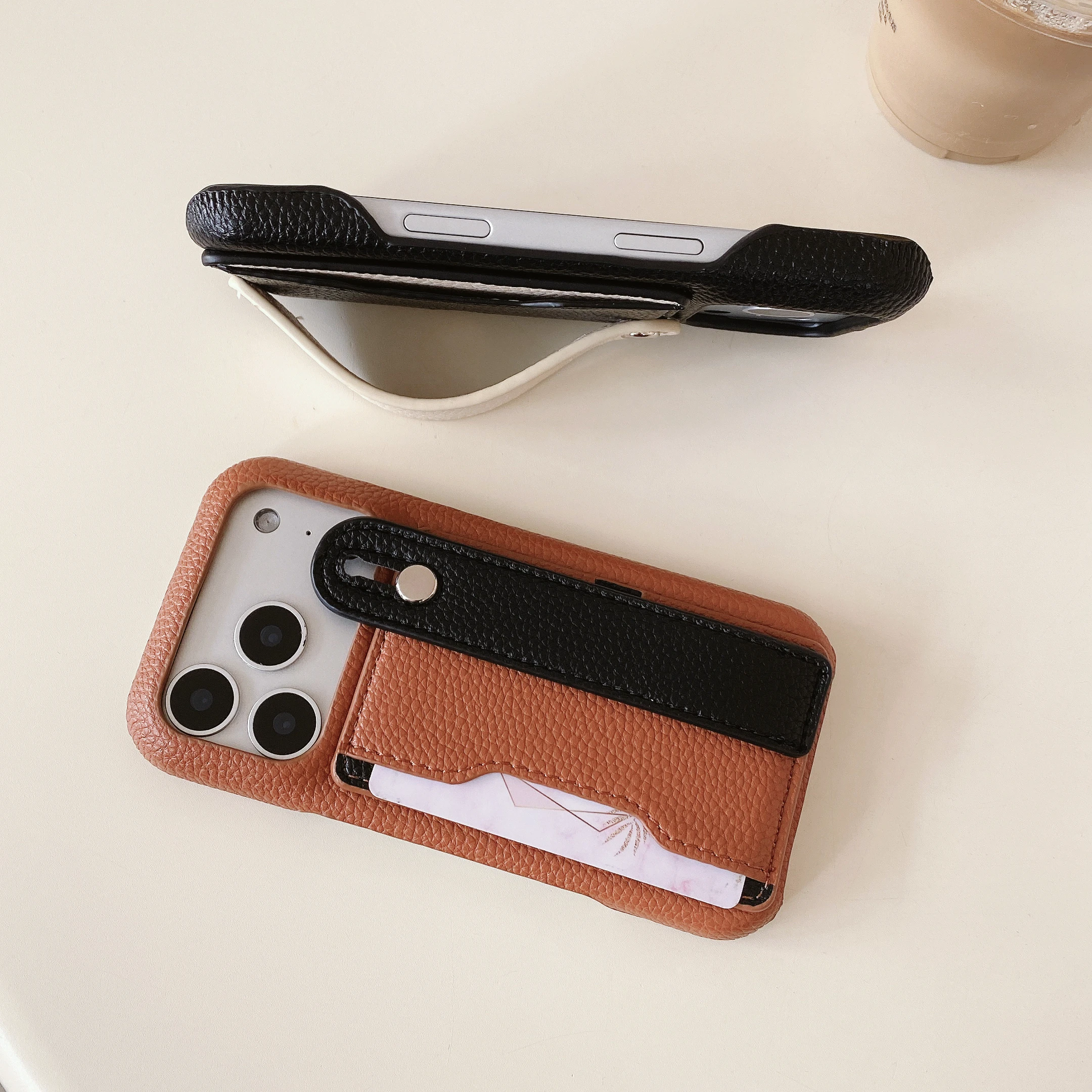 Dual-Tone Leather Shockproof Phone Case with Detachable Wrist Strap & RFID-Blocking Card Slot