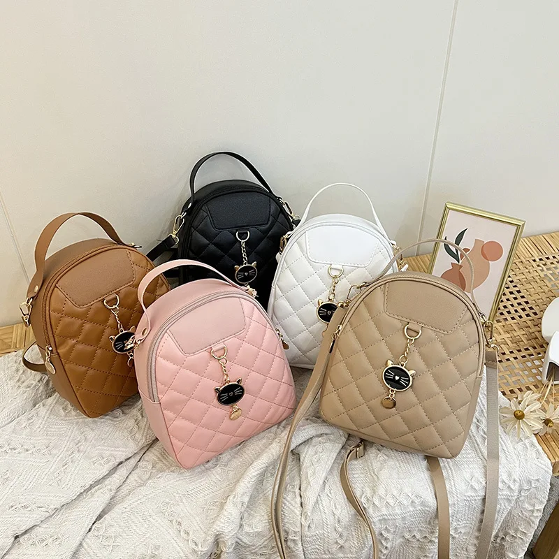 

New fashion atmosphere diamond lattice embroidered cat head hanging backpack personality niche single shoulder crossbody bag