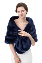 Elegant Navy Blue Faux Fur Wedding Bolero Shrug - Winter Bridal Shawl and Party Wrap - One Size (Navy with Collar)