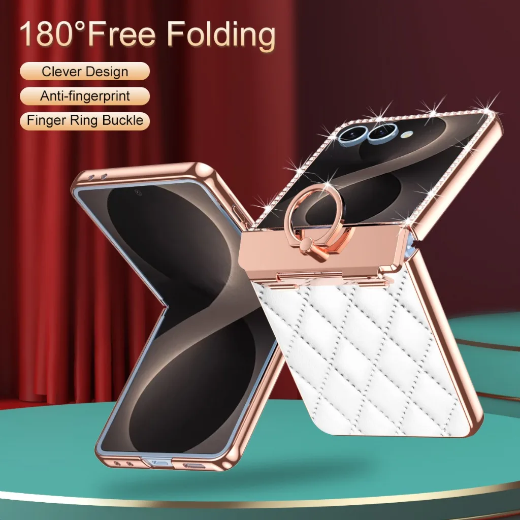 Luxury Bling PU Leather Phone Case with Hinge Ring Holder Stand and Electroplated Frame Cover
