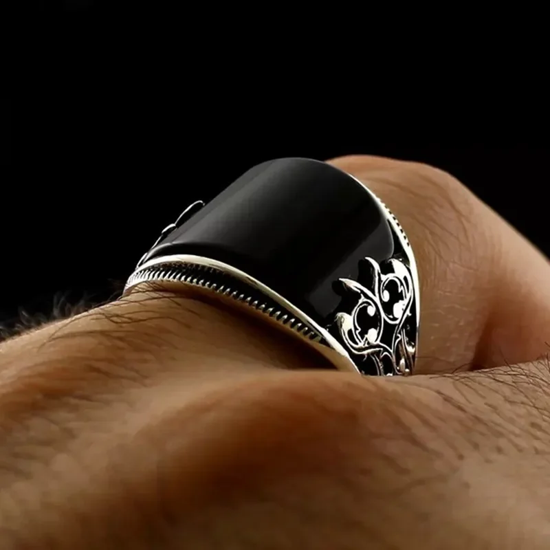 Retro Handmade Islamic Ring for Men Vintage Turkish Double Sword Black Stone Ring Punk Trendy Religious Muslim Jewelry Wholesale - Image 2