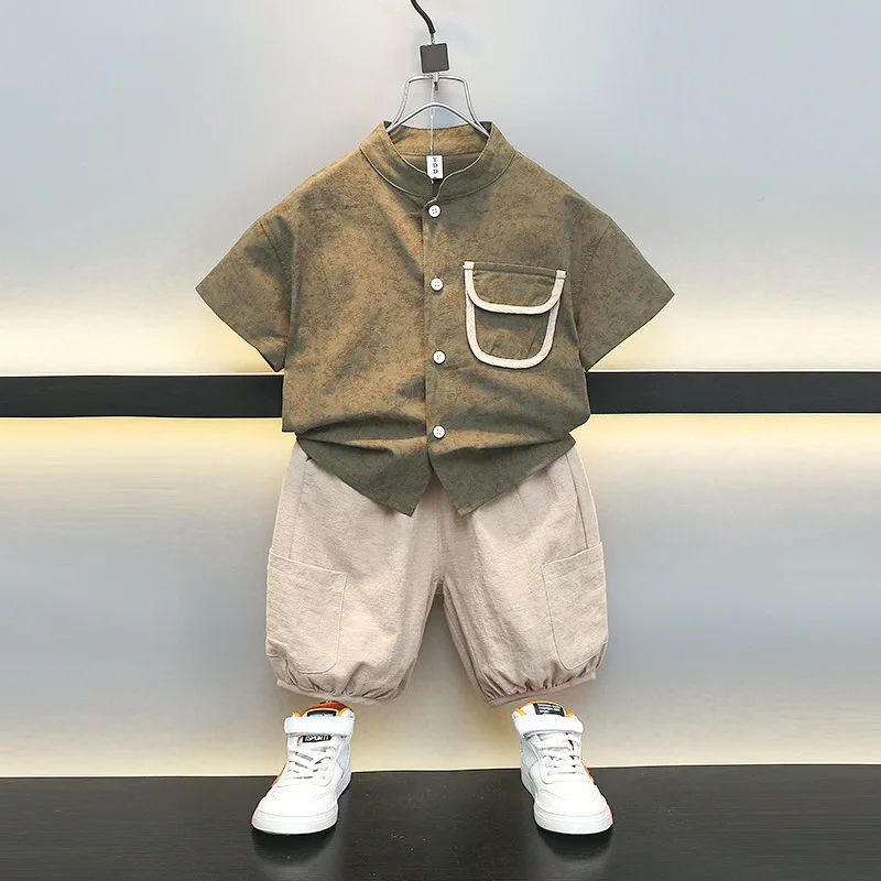 

Kids Clothing Boys 2 Peices Sets Shirt Pants Standing Collar Summer 2023 New Fashion Floral Printed Solid Color Pockets Simple