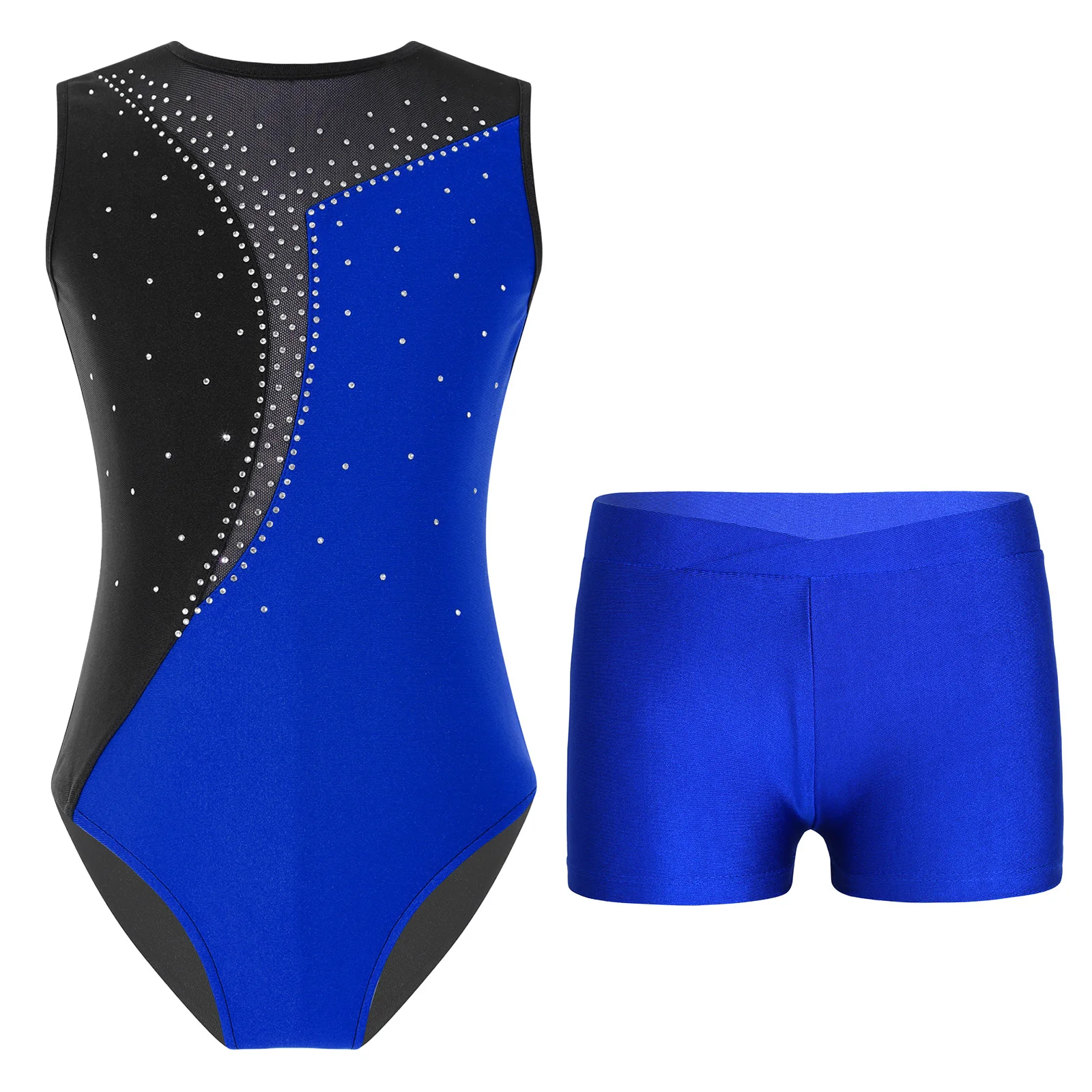 thumbnail image 1 of Niños Niñas brillantes diamantes de imitación Ballet Biketard traje de baile gimnasia Ballet Jersey camiseta sin mangas leotardo mono con pantalones cortos conjunto, 1 of 5
