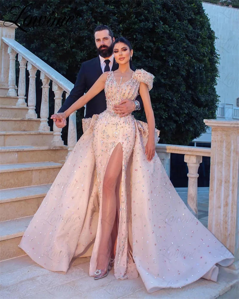 

Pink Prom Dresses Long V Neck Full Crystals Beaded With Detachable Skirt A Line Arabic Wedding Party Dress Luxury Evening Gowns