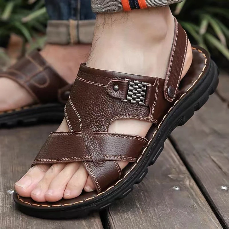 Summer new sandals for men's casual top layer cowhide beach shoes, comfortable dual-purpose sandals, leather, versatile outdoor