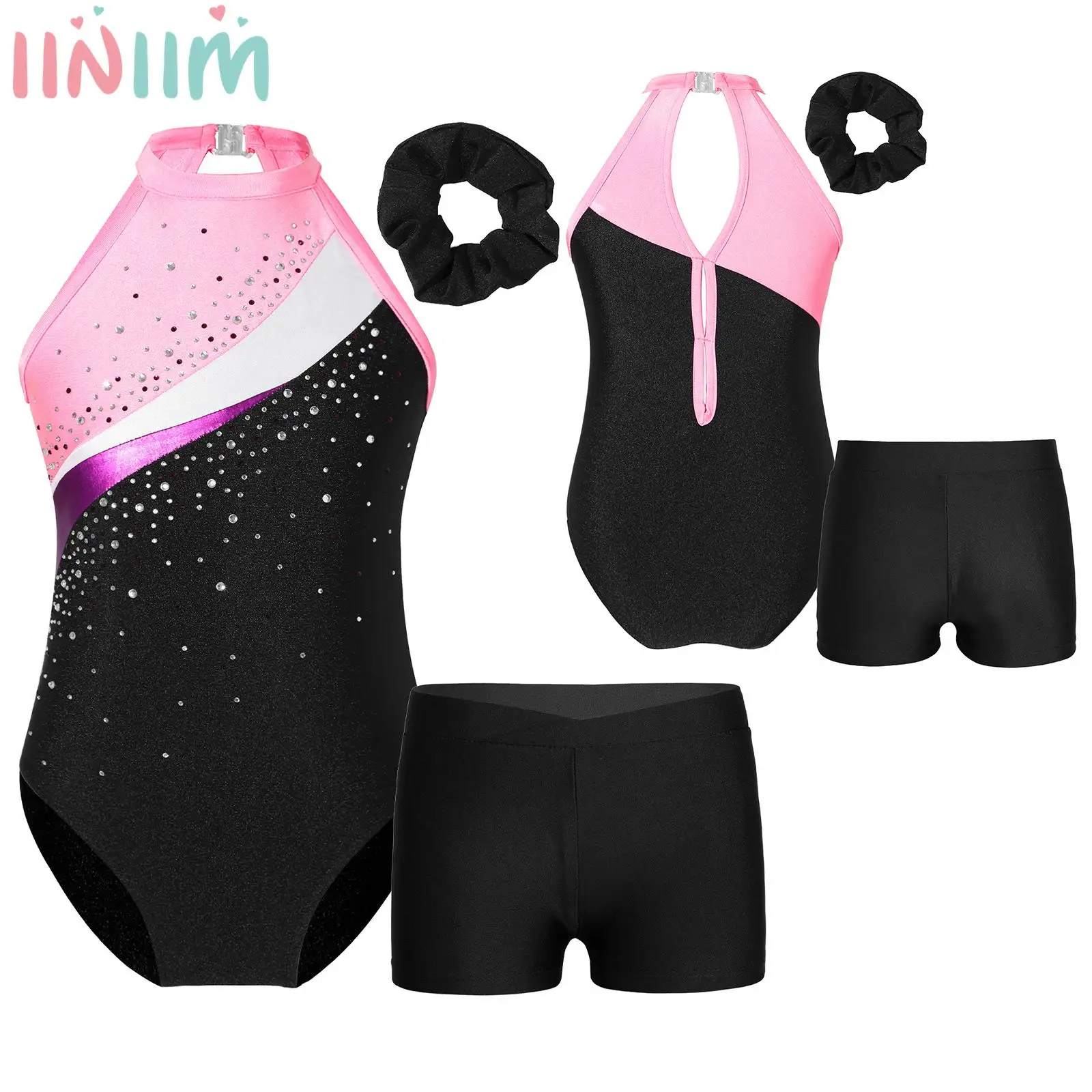 Kids Girls Sleeveless Gymnastics Leotards with Workout Shorts Ballet Dancewear Gym Training Rhinestone Bodysuit Sports Jumpsuit