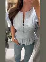 Chemisier décontracté à volants, manches courtes, col rond, boutonnage simple, cintré, chic et polyvalent, pour femme, collection Printemps-Été 2026 6