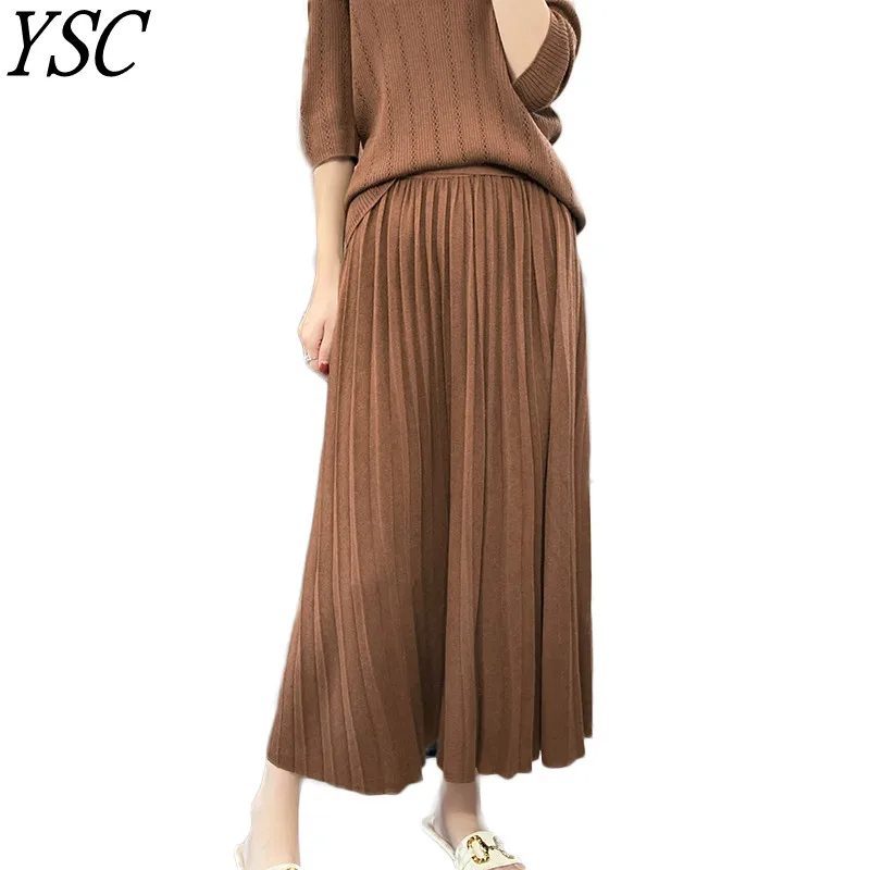 YSC New style Women 100% Fine imitation wool Half length skirt Solid color Breathable and lightweight high quality Pleated skirt