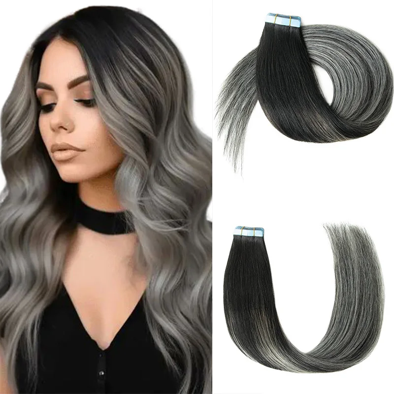 Ombre Gray Tape in Hair Extensions Human Hair Straight Black Blonde Seamless PU Skin Weft Tape Ins Hair Extensions 20PCS/Pack