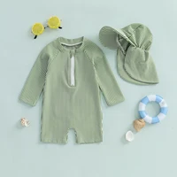 0-24M Kids Boys Long Sleeve Swimwear Summer Striped Prints Zipper Rash Guard Swimsuit and Hat Beachwear Bathing Suit 1
