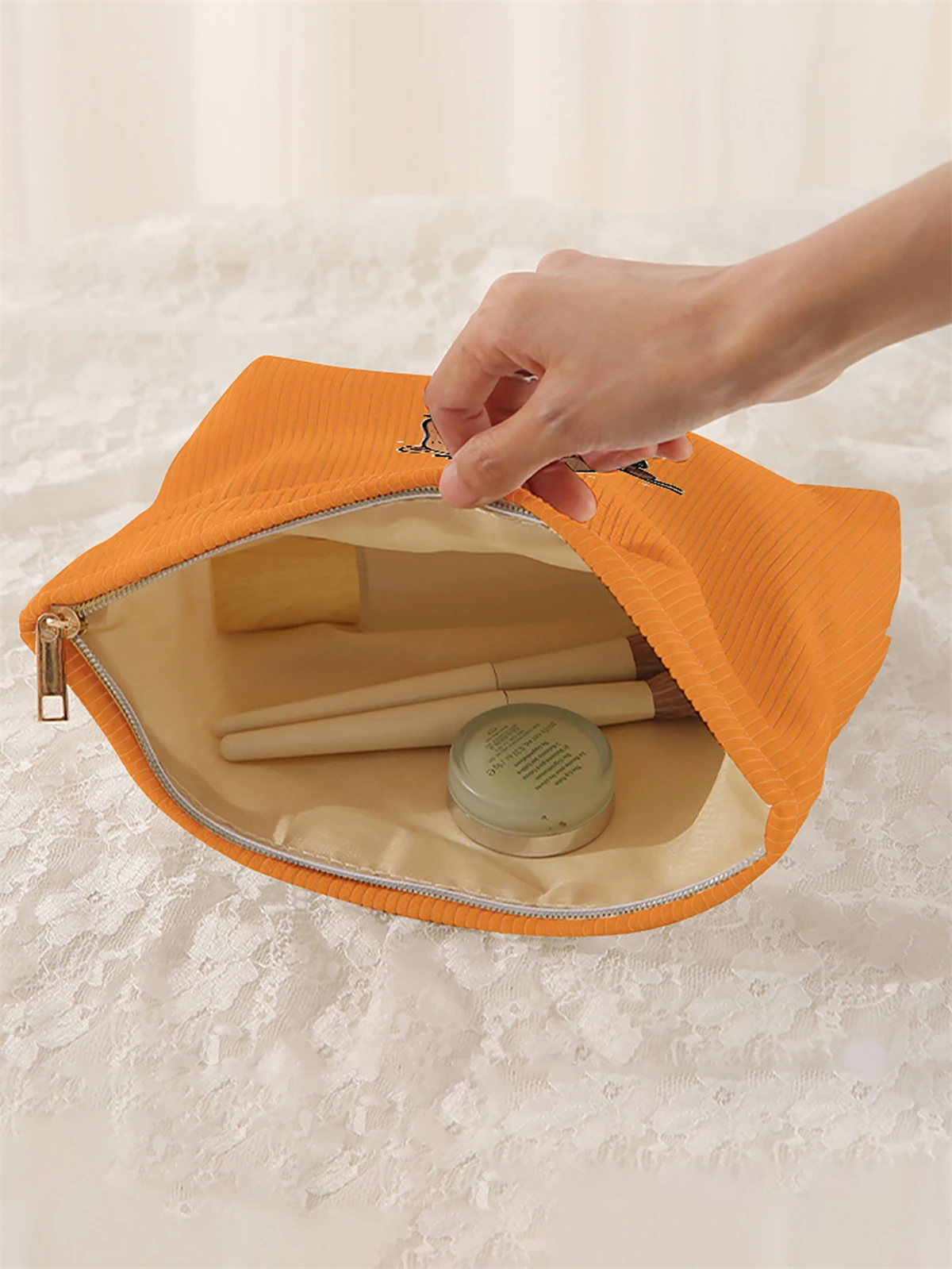 1 corduroy makeup bag with dolphin pattern, light zipper makeup storage box, multifunctional bag with lining