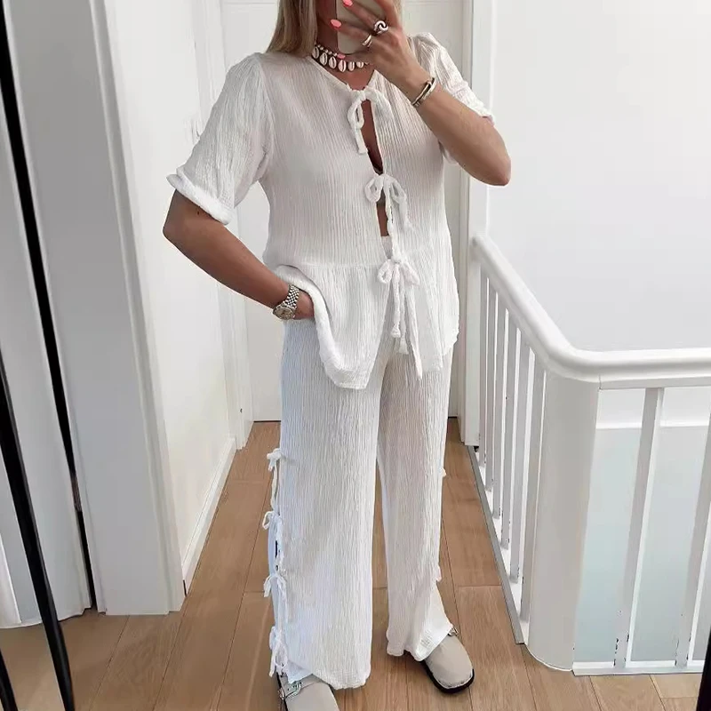 

Fashion O-neck Tie Up Top with Long Pants Suit Casual Women's Summer Two Piece Set Simple Solid Color Short Sleeved Loose Outfit
