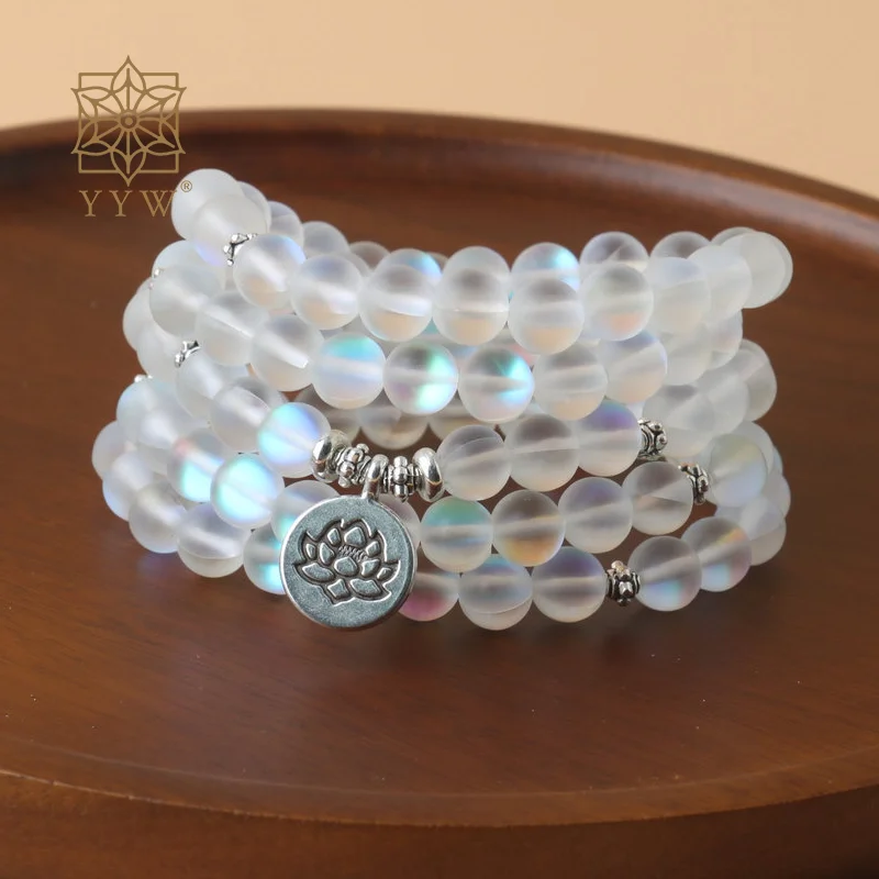 White Sea Opal Beads Rosary Necklace 108pcs/Strand Chain Jewelry Unisex Women Men With Metal Flat Round Lotus Flower Pendant NEW