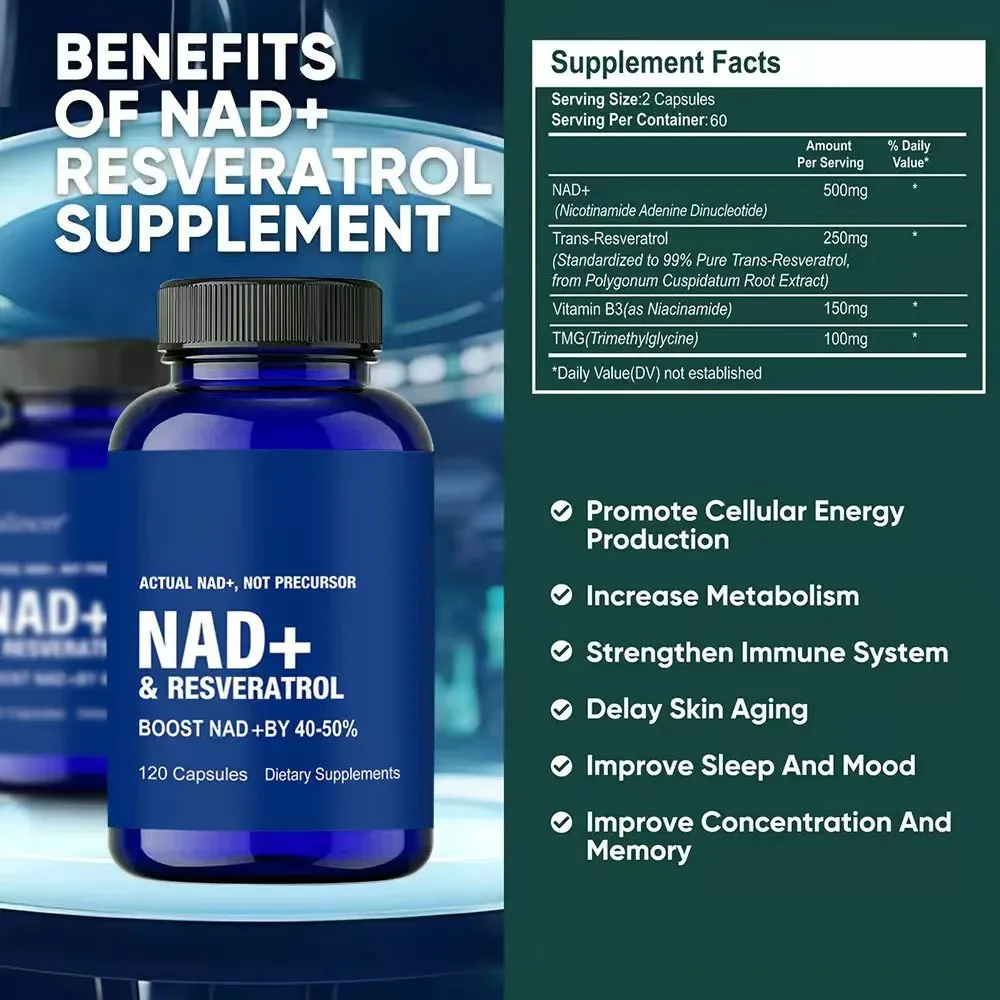 NAD Supplements 60-300Capsules with Resveratrol + Vitamin B3 for Cellular Health Skin Care