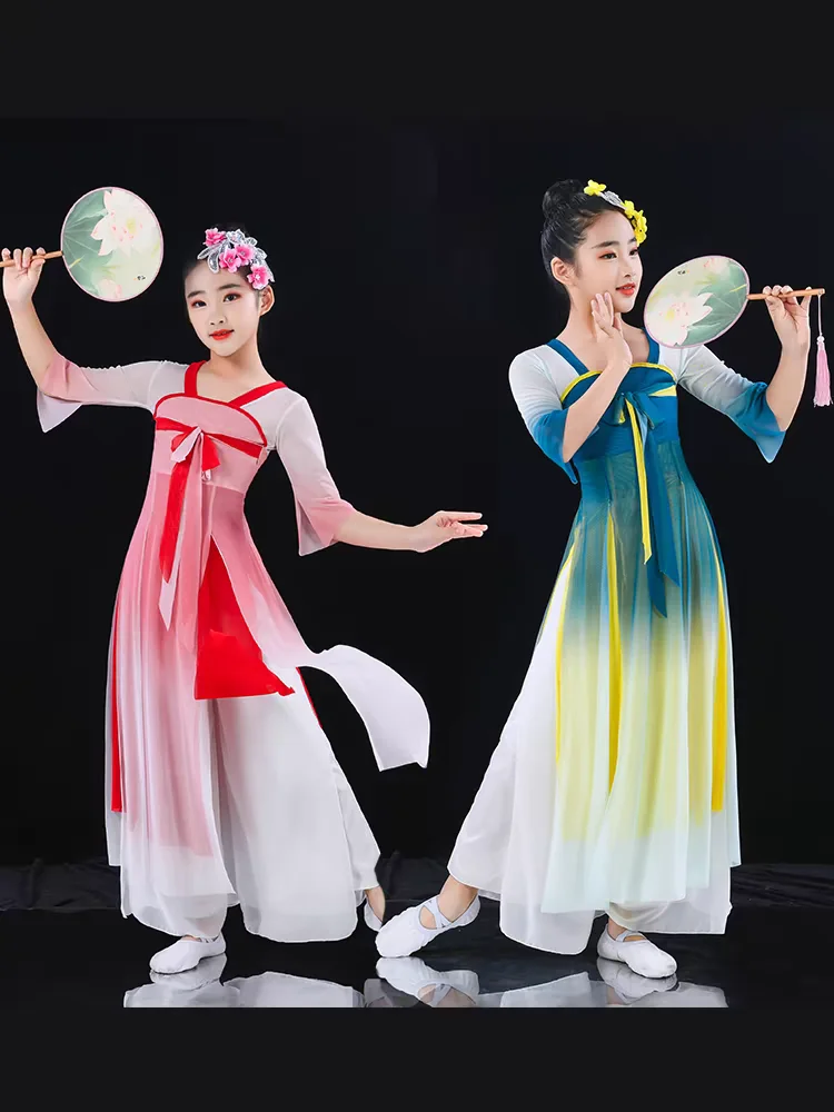 Chinese Hanfu Children's Classical Stage Costumes Umbrella Dance Ethnic Girls Yangko Fan Dance Clothing