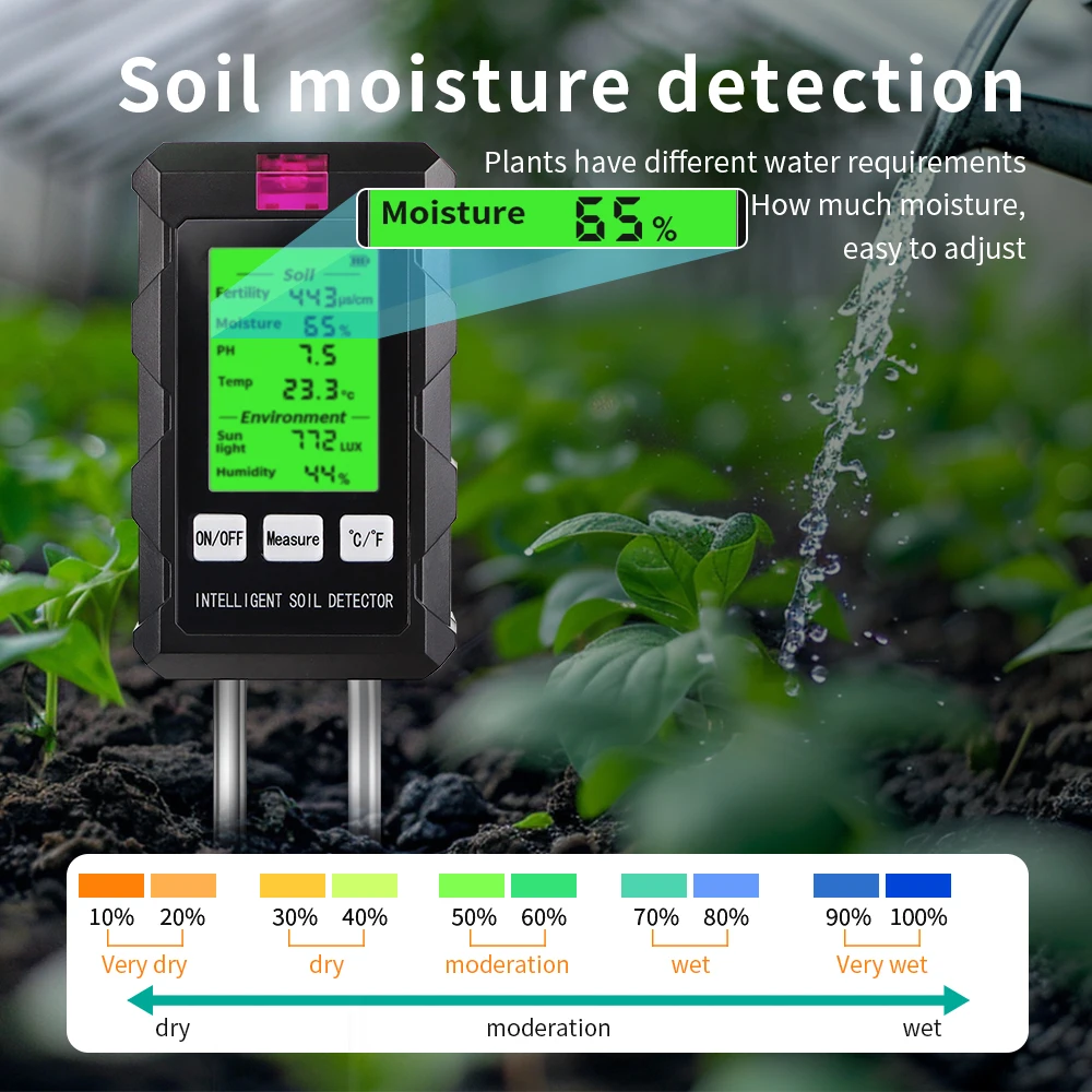 6 in 1 Soil Tester PH Temperature Humidity Meter Nutrient Moisture Fertility Meter Sunlight Air Moisture Detector for Gardening 5