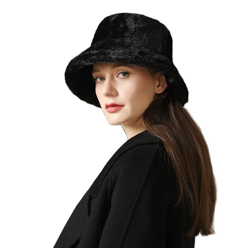 

Autumn and Winter Women's Vintage Imitation Rabbit Fur Bucket Cap, Sweet and Cute Plush Wild Warm Pure Color Fisherman Hat