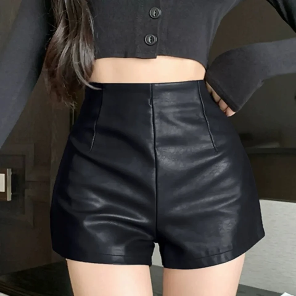Women's High Waist Black Leather Autumn Shorts